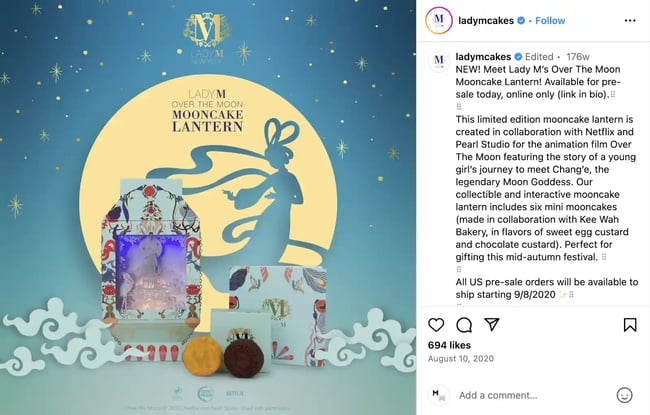 Restaurant marketing ideas: Dessert brand Lady M created a limited edition mooncake lantern in partnership with Netflix. 