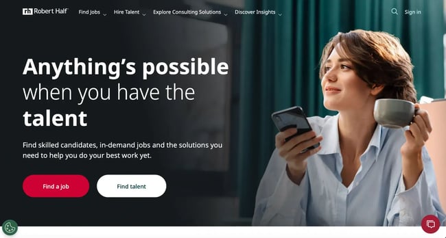 robert half recruitment website design with an anythings possible hero headline