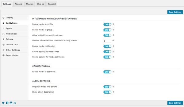 buddypress integration options page in rtmedia plugin