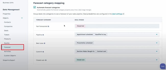 sales forecasting software - HubSpot forecast category mapping