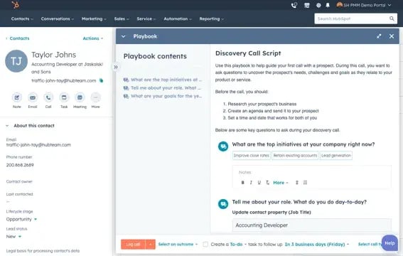 sales hub playbooks interface showing example discovery call script