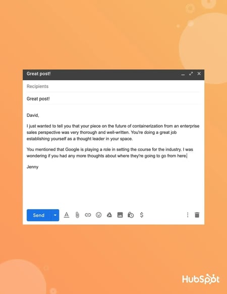 sales prospecting email example for re-engagement responding to social media posts.