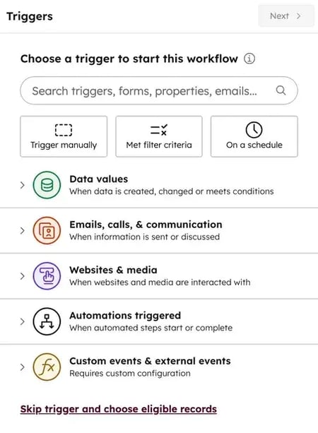 sales workflow automation trigger options to  configure a workflow