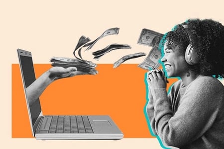 graphic of a laptop with a hand coming out of it and a saleswoman staring at the money that flows out of it
