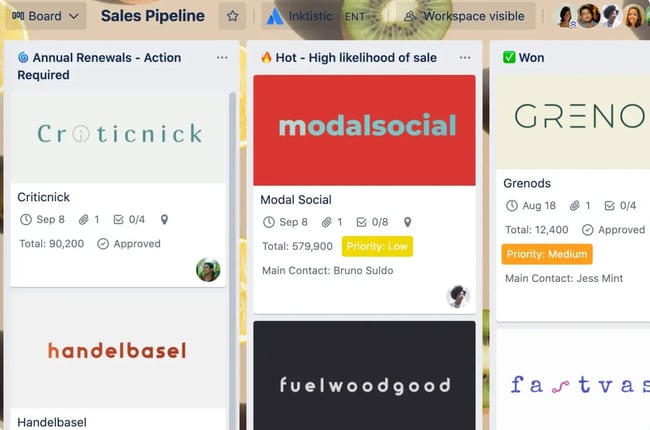 sales goal tracker in Trello with Kanban style sales pipeline dashboard
