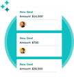 Three new deals displayed on a circular background, showing amounts of $14,000, $700, and $28,500, each accompanied by a small circular profile image of a person.