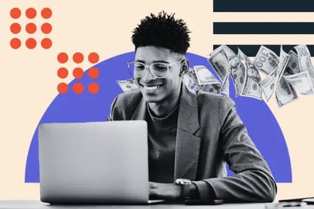 multi-colored graphic of a salesman learning about sales compensation on a laptop with money flowing out of him