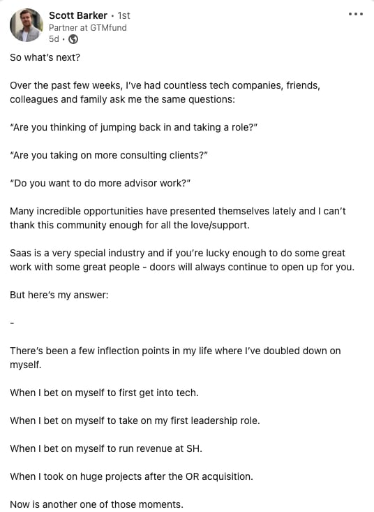 sales networking, Scott Barkers post on LinkedIn