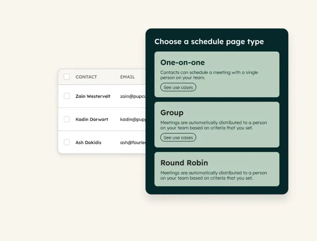 scheduling interface with options for one-on-one, group, and round robin meetings, powered by an ai meeting assistant