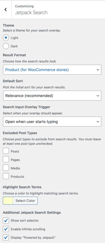 web page for the WordPress search plugin Jetpack