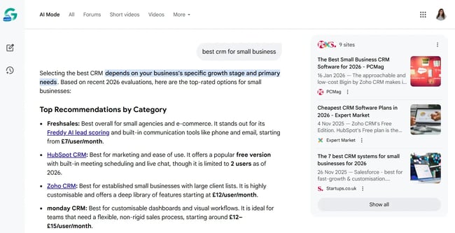 screenshot from AI Mode shows how AI doesn’t always cite a product’s website as the source, suggesting that PR must form part of answer engine optimization strategy.