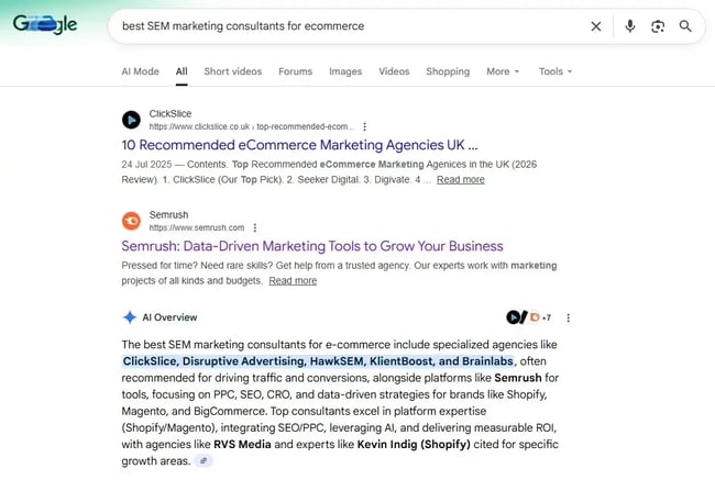 screenshot from aio shows how an effective aeo strategy brings companies to the top of google.