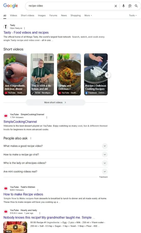 screenshot from google serps shows videos ranking from social media channels, with youtube getting the most rankings.