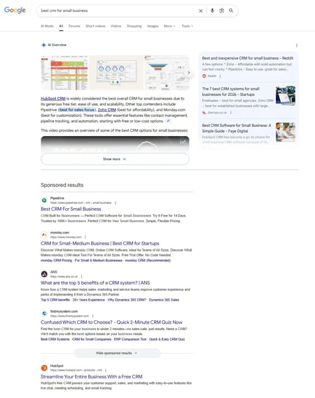 screenshot from google shows why an aeo strategy for b2b is key. for searches, vendors are showing up in ai overviews above ads and organic listings.