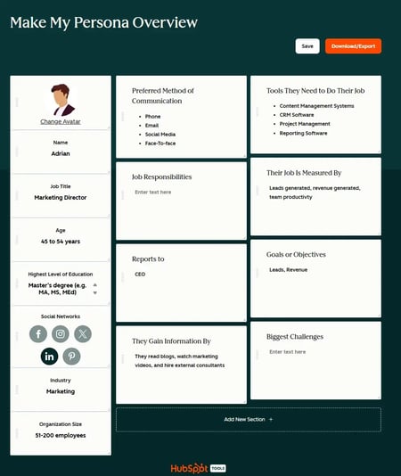 screenshot from hubspot’s make my persona shows how marketers can easily create a buyer persona to inspire their answer engine optimization strategy.