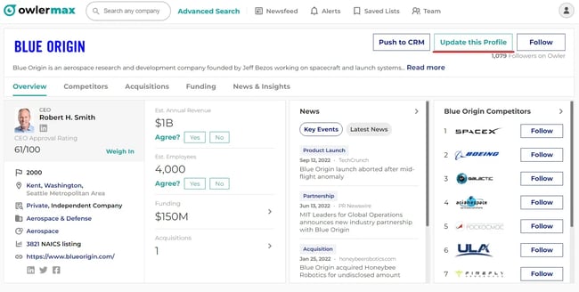 screenshot from owler, a competitive intelligence tool.