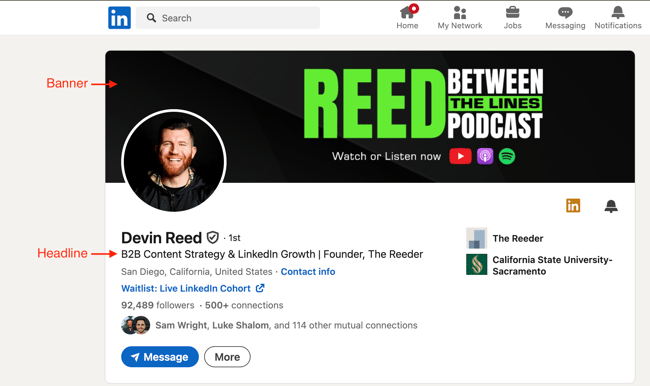 Скриншот учетной записи Devin Reeds LinkedIn с баннером и заголовком выделенного
