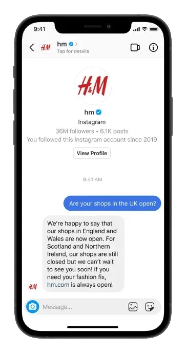 screenshot of h&m handling customer service in the social media messaging app for business, instagram direct messenger.