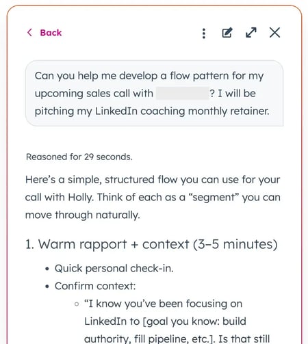 screenshot of hubspot��s breeze tool providing custom input for sales calls