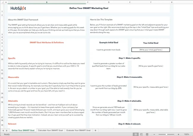 screenshot of hubspot’s smart goals template