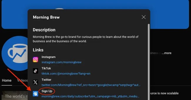 screenshot of morning brews youtube page with a newsletter signup link in the channel description