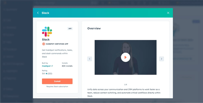 screenshot of slack and hubspot integration