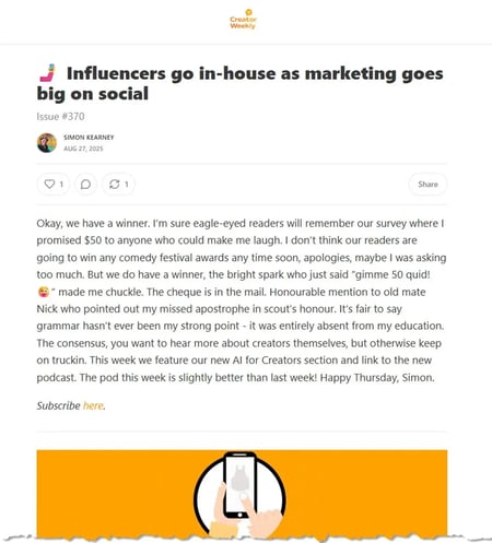 screenshot of the top of a recent creator weekly newsletter