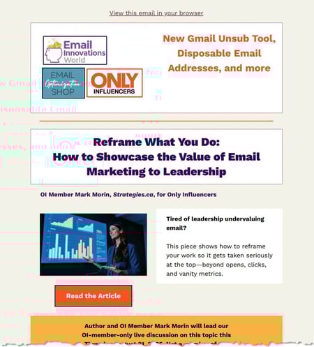 screenshot of the top of a recent only influencers newsletter