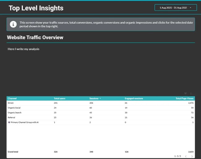 screenshot of the website overview page from an seo report template.
