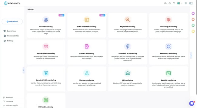 screenshot of the website track changes tool hexowatch