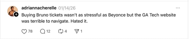 screenshot of threads social media post where user criticizes ga tech website navigation during ticket purchase, demonstrating competitive ux research source