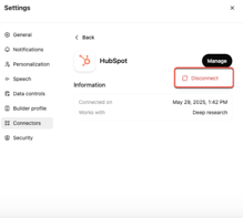 HubSpot connector settings in ChatGPT, with the 'Manage' menu open and the 'Disconnect' button highlighted.