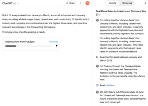 ChatGPT interface showing a deep research query in progress, with steps like planning, searching HubSpot, and synthesizing results.