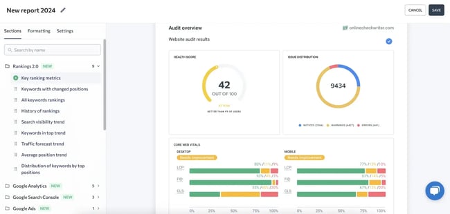 screenshot showing kpi overviews in an seo report.