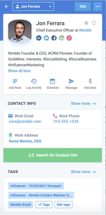 client management system, Nimble user interface