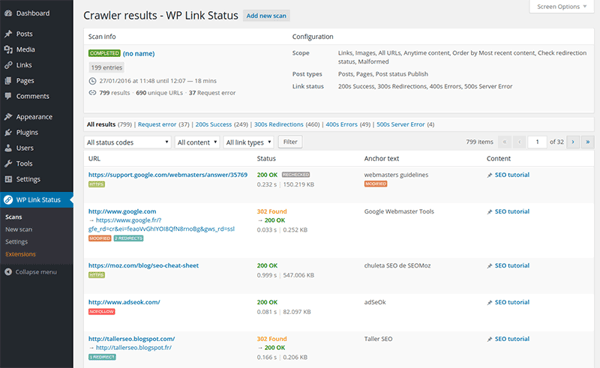 View crawler results right in WP dashboard using the WP Broken Link Status Checker plugin