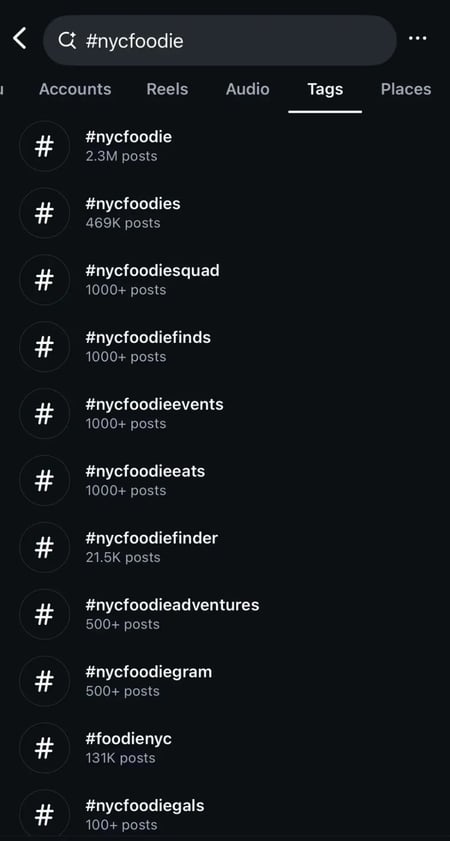 search results for #nycfoodies on instagram.