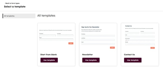 select from all form templates to create a contact form