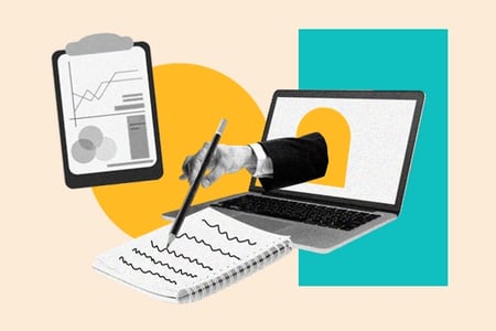 semi structured data illustration: hand coming out of laptop writing notes
