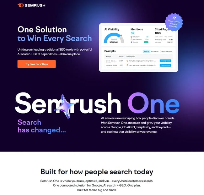 semrush one page; an aeo tool that helps measure aeo strategies for saas.