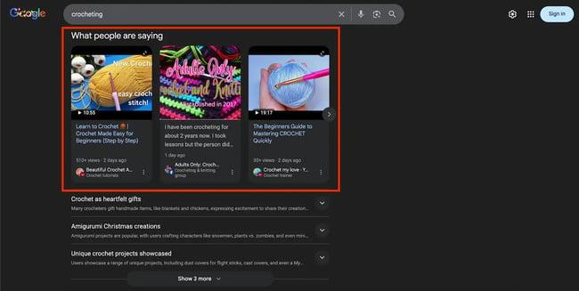 seo challenges cross-platform discovery, Google search what people are saying section showing social media posts about crocheting projects