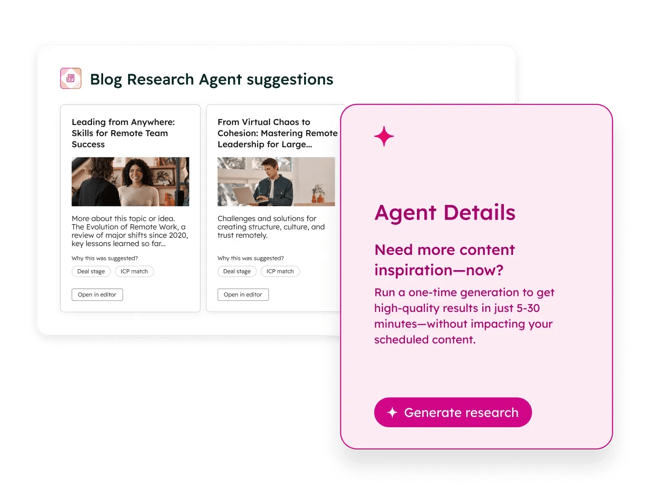 seo challenges, HubSpot Blog Research Agent showing content topic suggestions with agent details panel