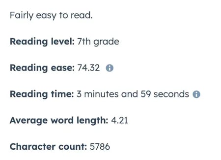 seo content tool metrics reading level, ease, time  average word length, and character count.