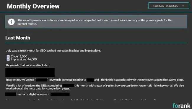 seo reporting, screenshot of the monthly overview page from an seo report template.