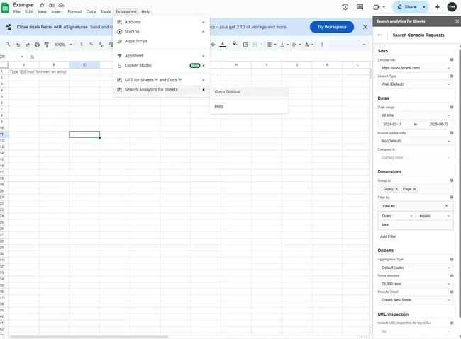 seo site analysis software, google sheets + search analytics for sheets