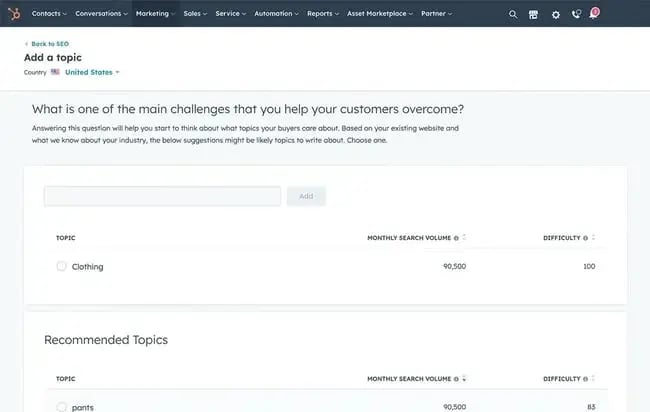seo trends, screenshot from hubspot��s content hub showing topics and recommended topics.