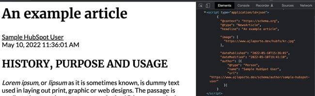 seo trends, screenshot of structured data in the code of an example article.