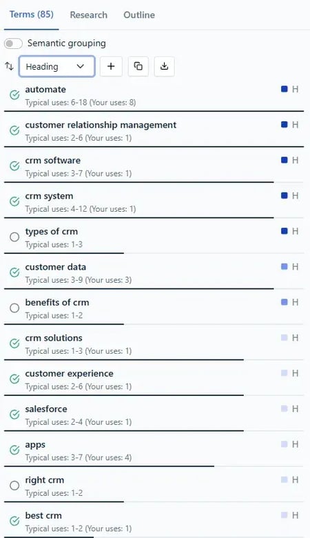 seo writing - clearscope report headings