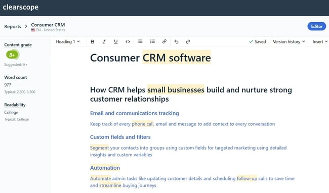 seo writing - clearscope report