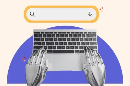 A empty search bar above robot hands typing on a laptop.